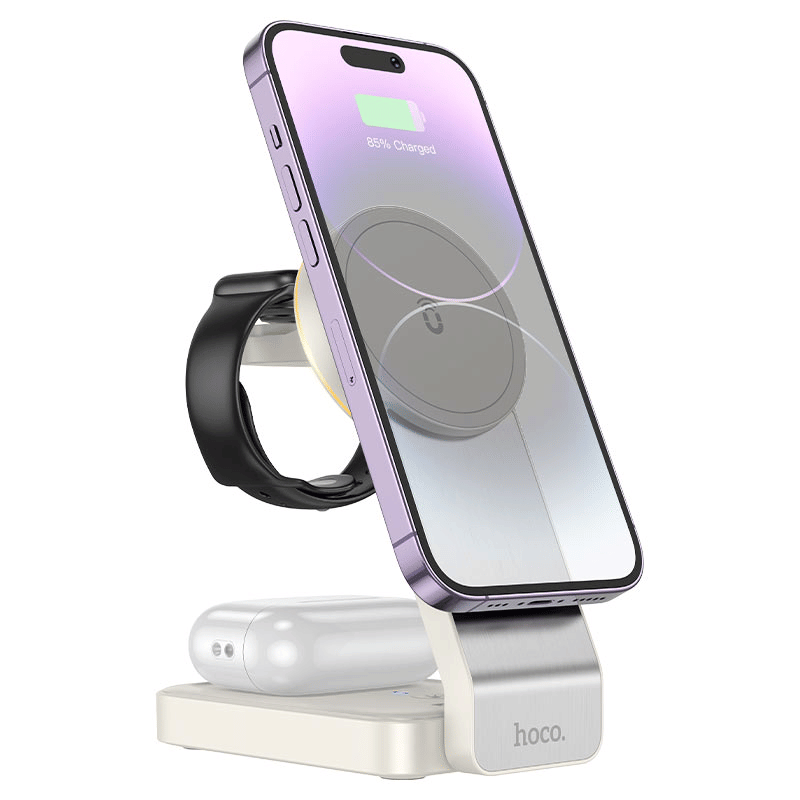 แท่นชาร์จไร้สาย 3IN1 HOCO CQ3 สีขาว สำหรับ สมาร์ทโฟน, หูฟังไร้สาย, APPLE WATCH พับเก็บได้